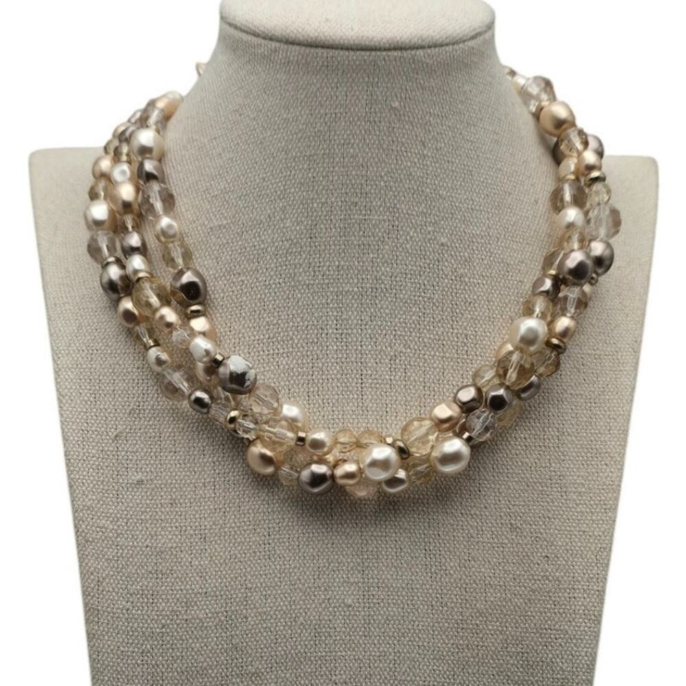 Champagne Pearl Crystal Multi Strand Necklace Quiet Luxury Evening Glam